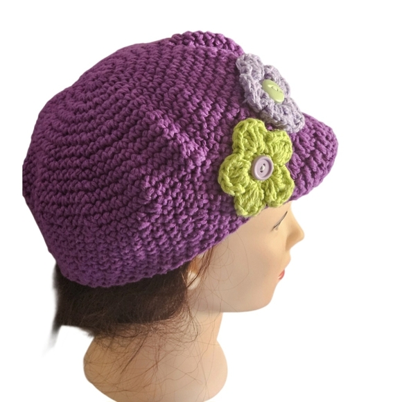 Handmade Boho Crochet Hat Cotton Floral Cap Purple Lavender Summer Werable Art - Picture 6 of 17